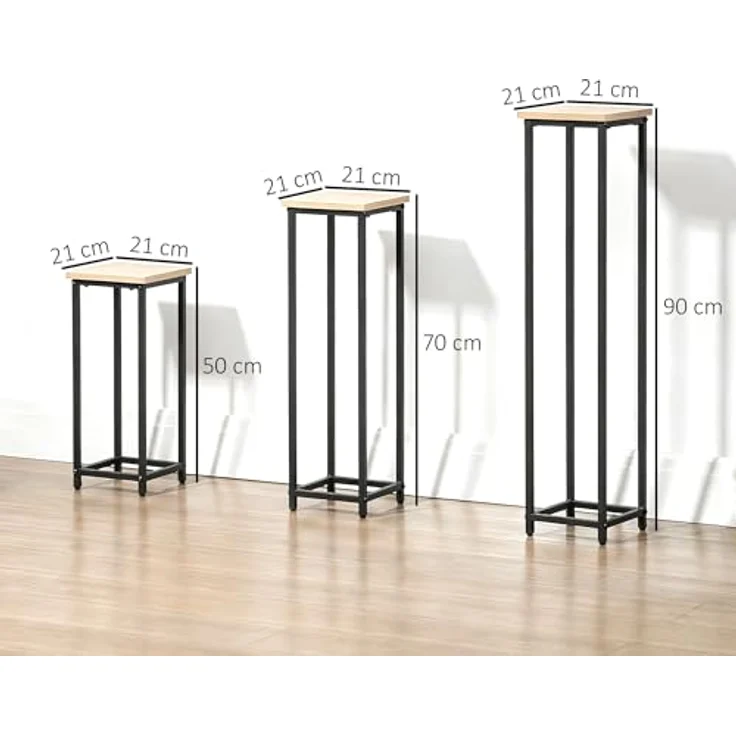 Outsunny Blumenständer im Industriedesign, 3er Set aus Stahl und Holzoptik, für Garten und Balkon, Schwarz+Natur – Bild 8