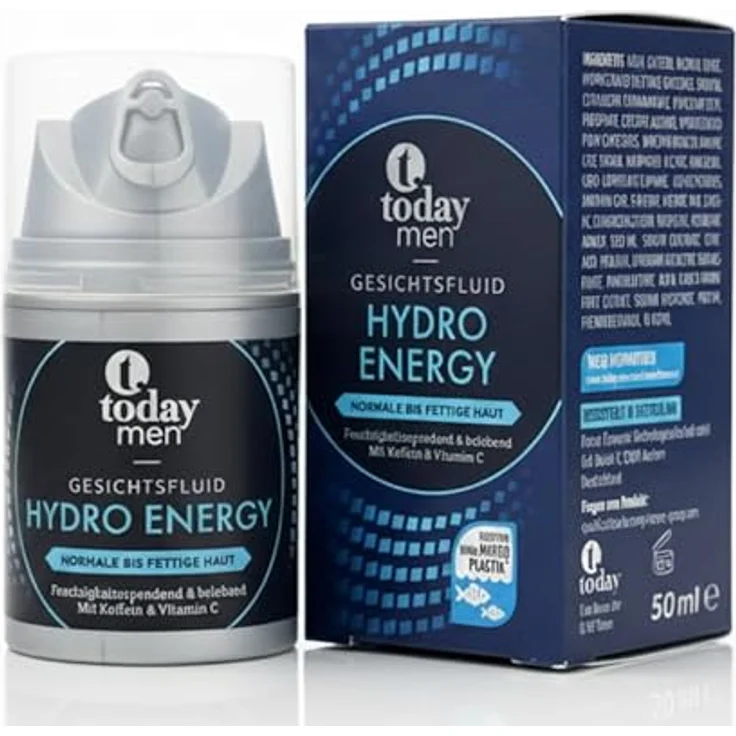 Today Men Hydro Energy Gesichtsfluid, 50ml, mit Koffein & Vitamin C, für normale bis fettige Haut, feuchtigkeitsspendend und schnell einziehend – Bild 1