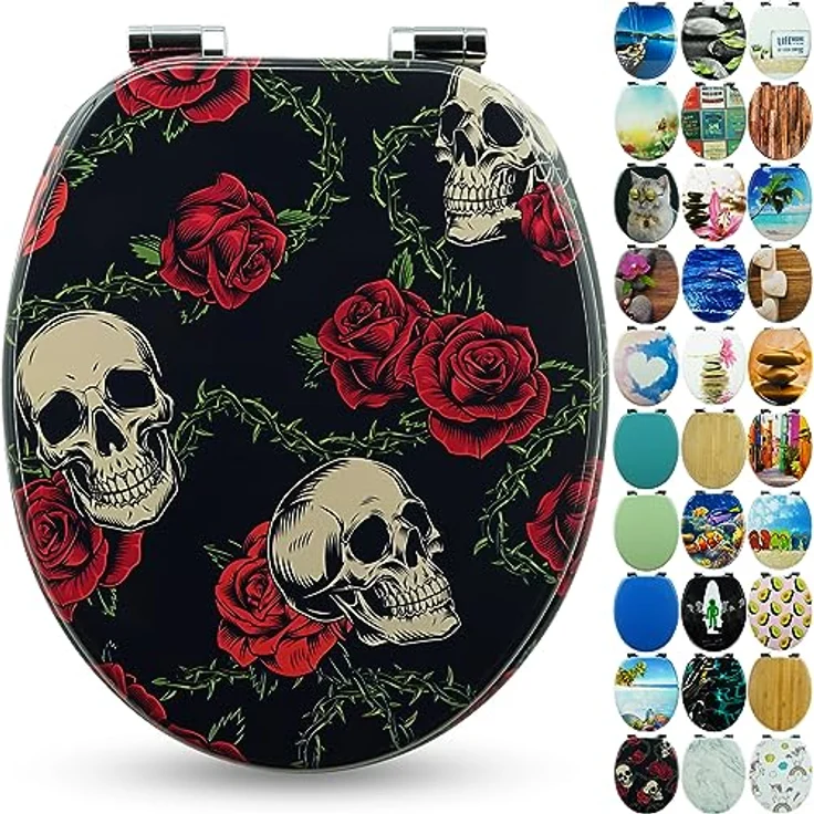 Sanfino WC Sitz Rose Skull, Toilettendeckel aus Holz mit Absenkautomatik, schwarzes Design mit Totenköpfen und Rosen – Bild 1