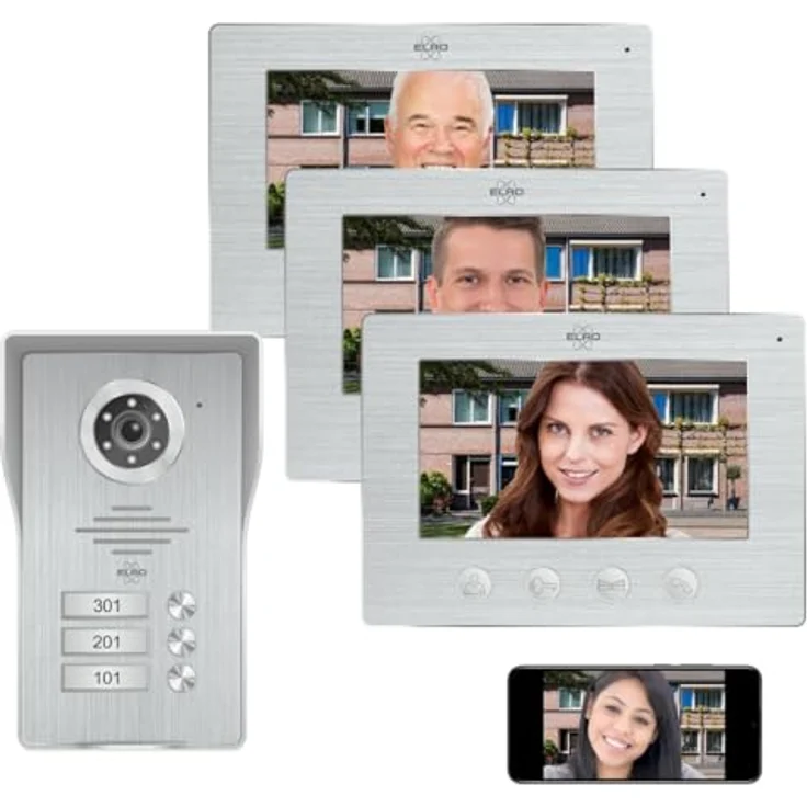 Elro IP 3 Familienhaus Video-Türsprechanlage, 6-tlg. mit Full HD Nachtsichtkamera, WLAN, Gegensprechanlage, vandalismusgeschützt, inklusive 3 Farbmonitoren – Bild 1