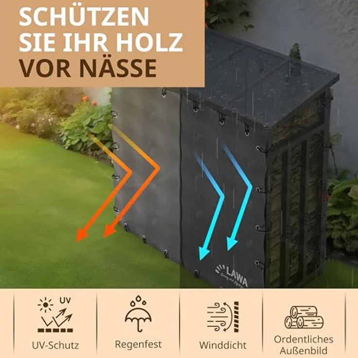 LAWA Kaminholzregal Set, 2 Planen für 182x177cm und 182x164cm, gummiert mit Reißverschluss, wasserdichtes 600D Oxford Nylon, Wetterschutz – Bild 2