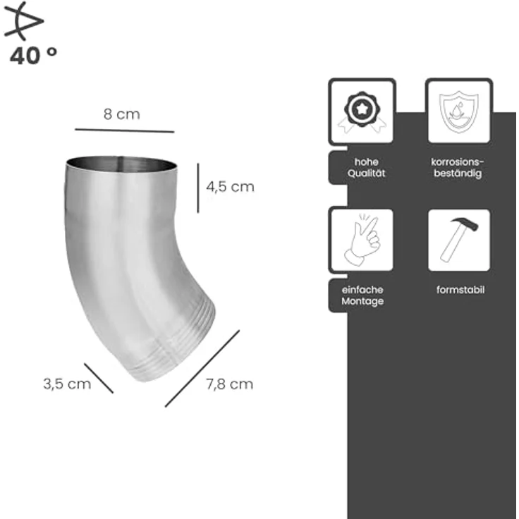 ZAMBELLI Fallrohrbogen 40 Grad DN80/80mm, verzinkter Stahl für flexible Regenrohr-Verlegung, Silber – Bild 2