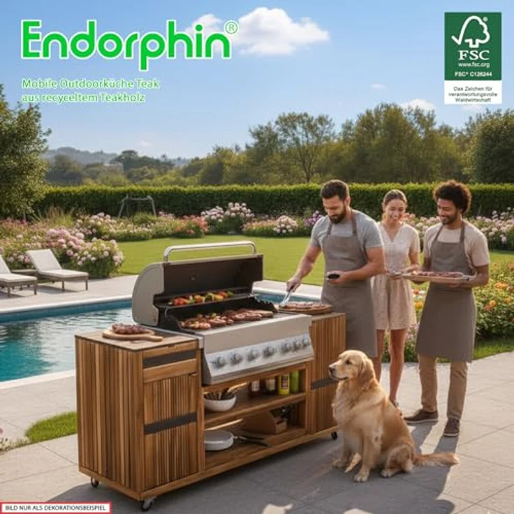 Endorphin Outdoorküche 2026, Mobile Grillstation mit integrierter Gasgrill-Technik, Teak-Wagen und silbernem Grill – Bild 8