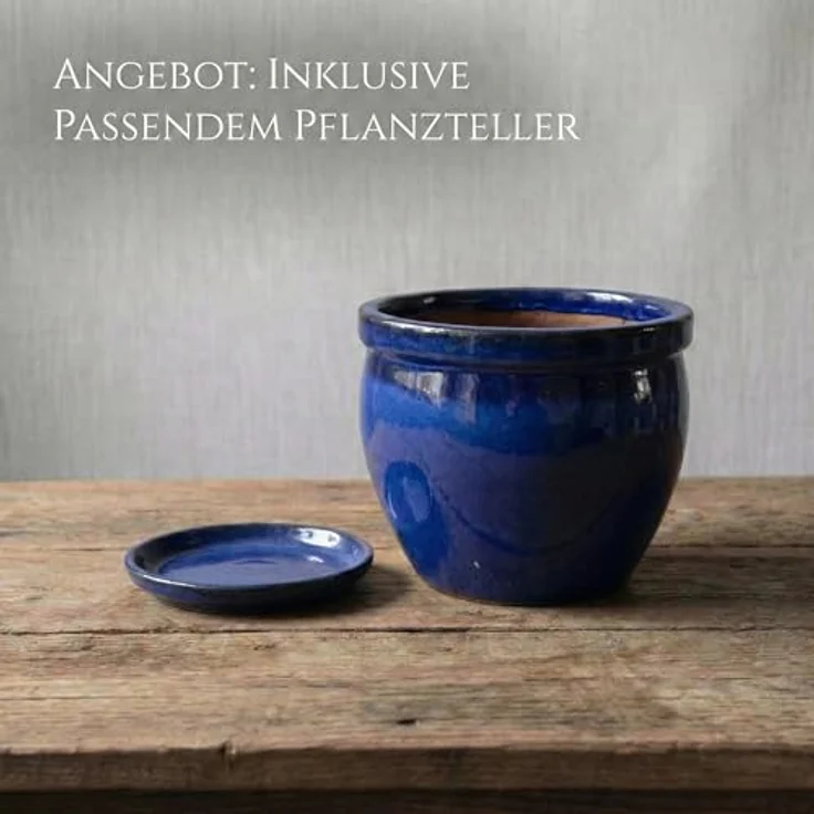 Teramico Blumenkübel Keramik Ø 21cm, frostfester Pflanztopf mit Untersetzer aus handgefertigtem Steinzeug, glasiert in Royal Blau für Innen & Außen – Bild 4