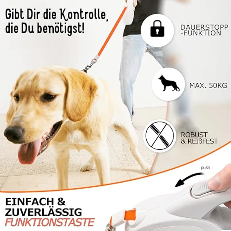 bluzelle 8m Lange Hundeleine für Hunde bis 50kg, Flexible Rollleine Neon-Orange Leuchtender Reflektor-Gurt mit 360° Karabinerhaken Metall, Ergonomischer Griff Grau Gummiert & Einzugs-Bremse, Weiß – Bild 4