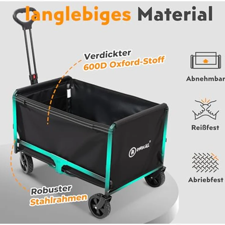 Homecall Bollerwagen Faltbar 120L, Bis 120kg mit Regenschutz und Reflektorstreifen, Blau – Bild 2