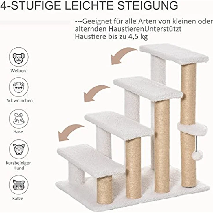 PawHut Haustiertreppe mit Kratzbaum Ball 4-stufige Katzentreppe Hundetreppe Tiertreppe Spanplatte Plüsch Jute Weiß 60 x 40 x 64 cm – Bild 4