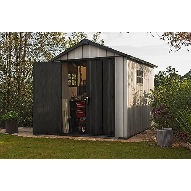 Keter Gerätehaus Oakland 7511, Grau, 14,5m³, Außenmaße B/T/H: 230 x 350 x 242 cm, Duotech Struktur, wetterfest, Doppeltür, Oberlicht und 2 Fenster, strapazierfähiger Schwerlastboden – Bild 3