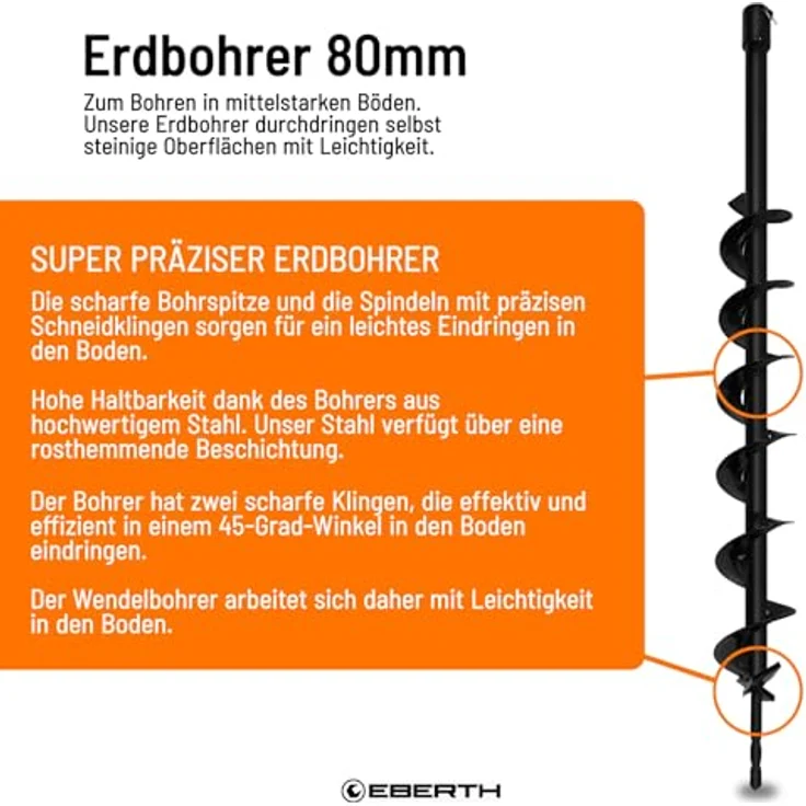 EBERTH Erdbohrer Gartenschnecke, 80 mm Durchmesser, 800 mm Länge, Aufnahme 20 mm, schwarz lackiert – Bild 3