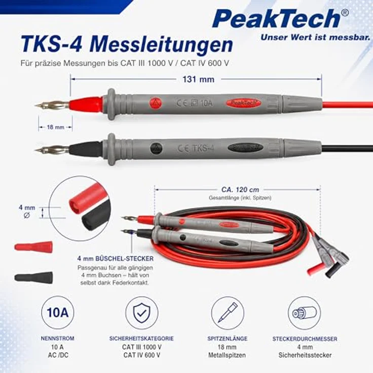 PeakTech Multimeter PeakTech TKS-4: 4mm Sicherheitsprüfleitungen mit Federkontakt, (1 St) – Bild 6