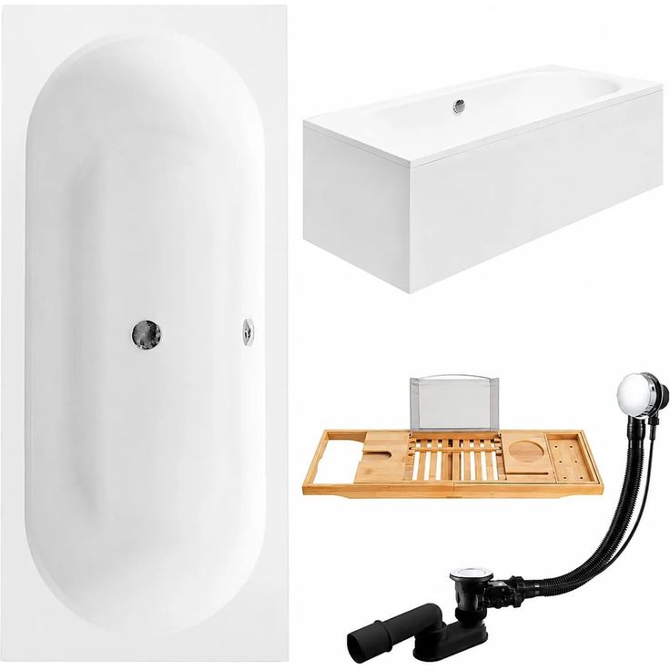 KOLMAN VITAE Badewanne Rechteck 160 x 75 cm mit schneeweißer Acrylschürze und Bambus Badewannenablage, inkl. Ablauf und Füße