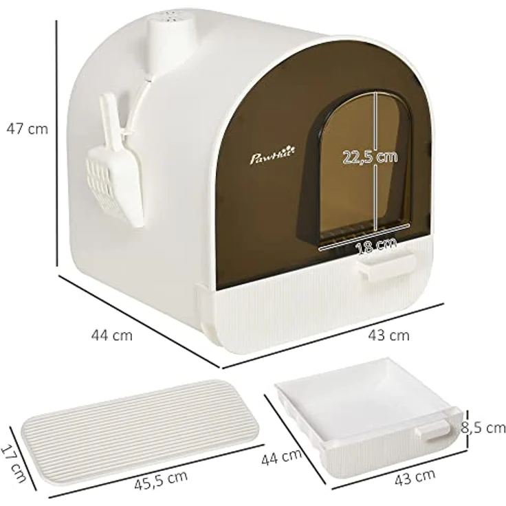 PawHut Katzentoilette Toilette mit Haube für Katzen bis 5 kg Katzenklo mit Deckel inkl. Schaufel ausziehbares Tablett Katzenstreu Matte Kunststoff Weiß 43 x 44 x 47 cm – Bild 3