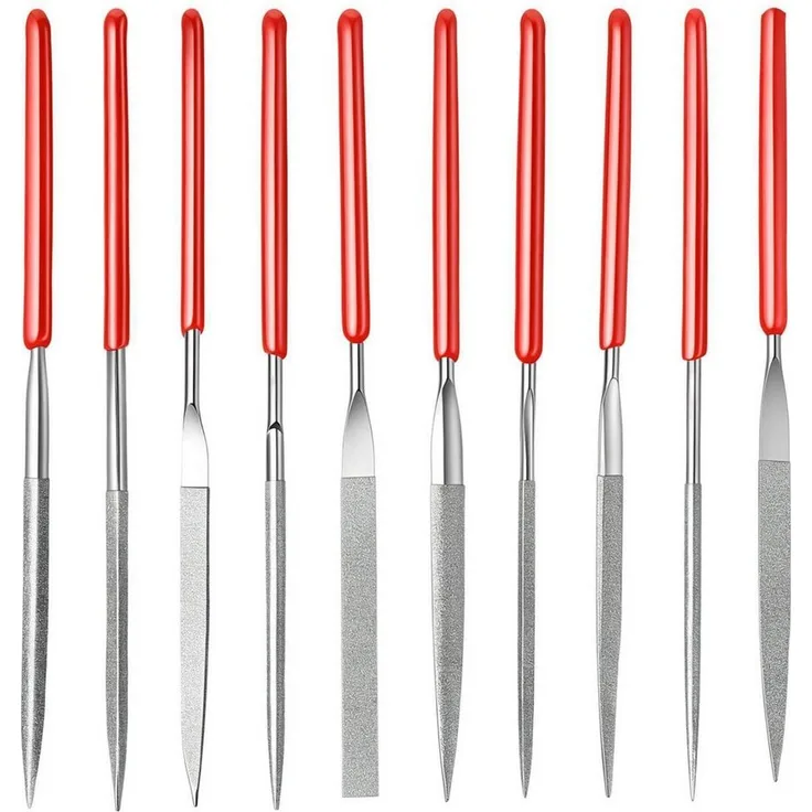 LuxusKollektion Diamant-Mini-Feilen Set 10 Stück, 10 cm, rund, SoftGrip, rot/silber