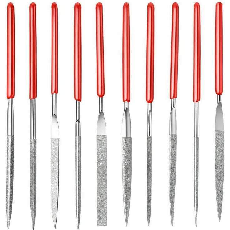 LuxusKollektion Diamant-Mini-Feilen Set 10 Stück, 10 cm, rund, SoftGrip, rot/silber