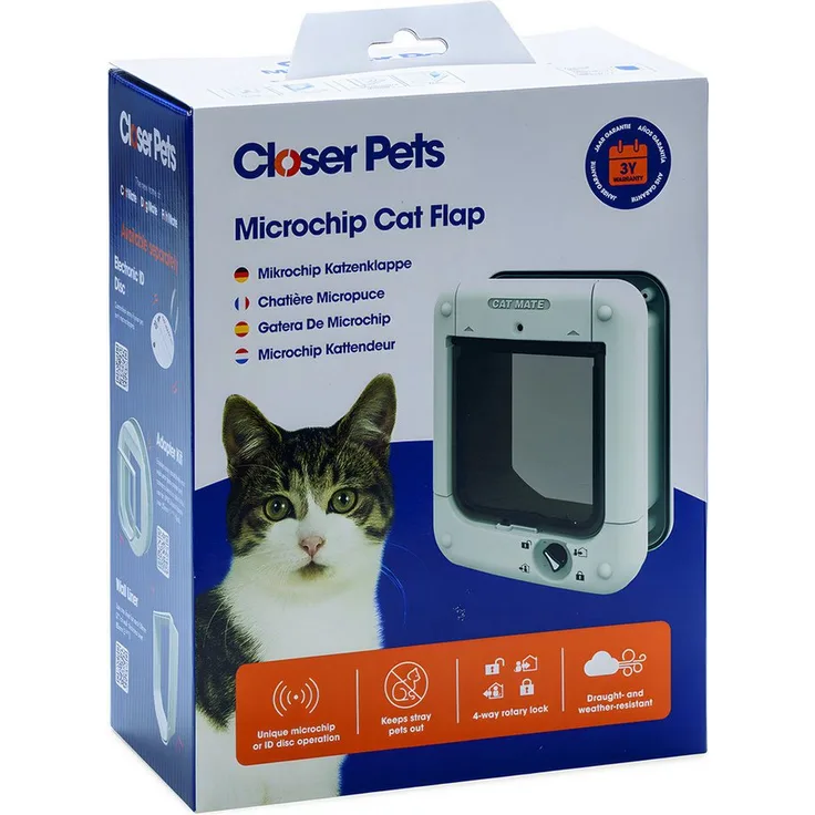 CAT MATE Katzenklappe Microchip 360W, weiße Katzenklappe mit transparenter Klappe und magnetischer Schließvorrichtung, für bis zu 30 Katzen