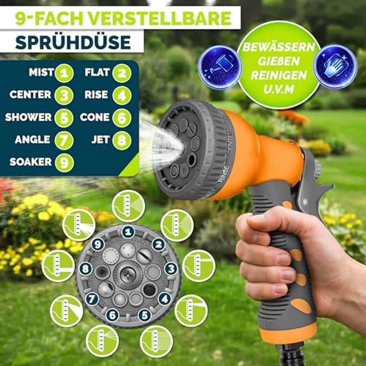 tillvex Schlauchtrommel Wasser mit Wandhalterung, 20m Gartenschlauch, Handbrause mit 9 Funktionen, 180° schwenkbar, anthrazit/orange, Aufroll-Automatik – Bild 4