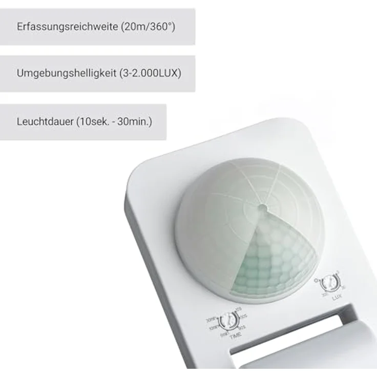 SEBSON® Bewegungsmelder Aussen IP65, Aufputz Wand Decken Montage, programmierbar, 20m / 360°, LED geeignet, Infrarot Sensor mit 3 Sensoren, 3-Draht – Bild 4