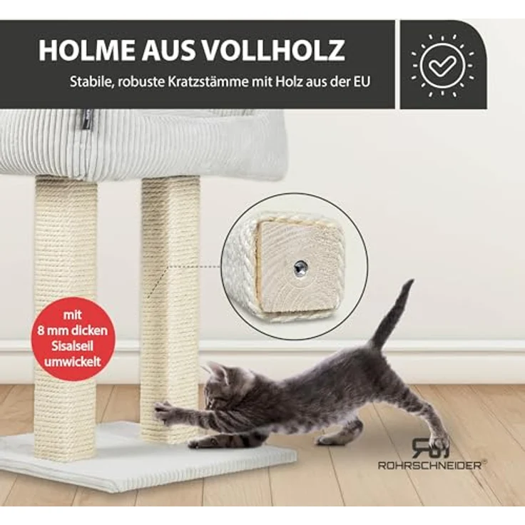 Rohrschneider Kratzbaum Wolly 2 breite Kratzsäulen Katzenbett Cordstoff, Made in Germany, versch. Farben – Bild 7