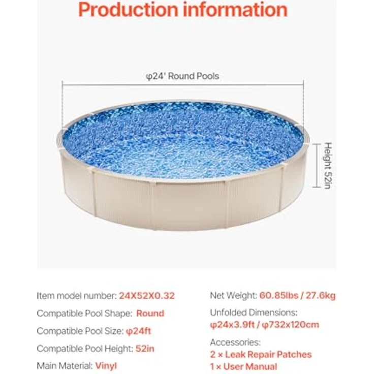 VEVOR YCNCROUND24F10S1BV0, Schwimmbeckenauskleidung, Runde Vinylfolie in Blau, 7,32 m, für Aufstellpools mit 132 cm Wandhöhe – Bild 7