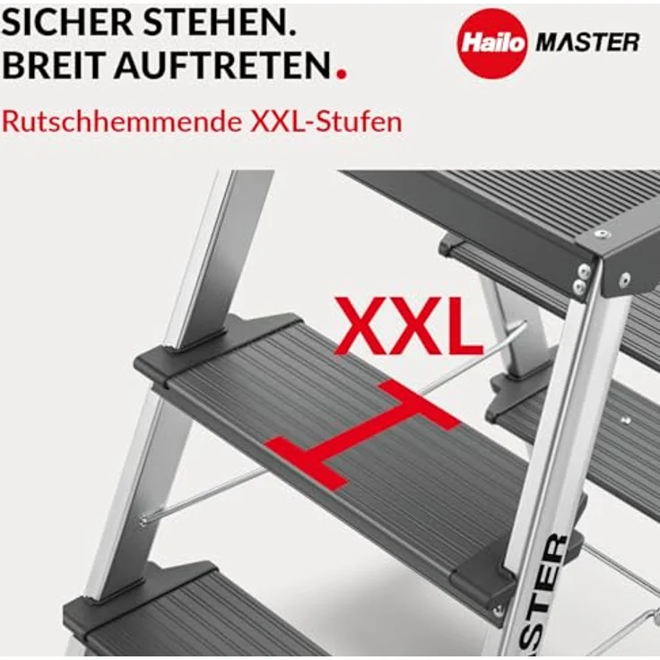 Hailo Master D70 Aluminium Doppelstufen-Trittleiter, beidseitig begehbar, rutschhemmende Stufen, gummierte Füße, 2 x 3 Stufen, EN 14183 geprüft, belastbar bis 150 kg – Bild 3