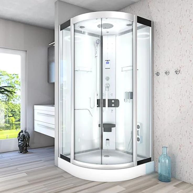 SeniorBad AcquaVapore D58-10T2-EC Dampfdusche, Duschkabine mit 8 Massagedüsen, integrierter Klappsitz, Bluetooth-Player, 90x90 cm, weiß – Bild 3