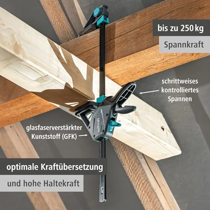 wolfcraft 2 Einhandzwingen PRO MAX, 250 kg Spannkraft, 150 mm Spannweite, intelligente Pumpmechanik für kontrolliertes Spannen – Bild 3