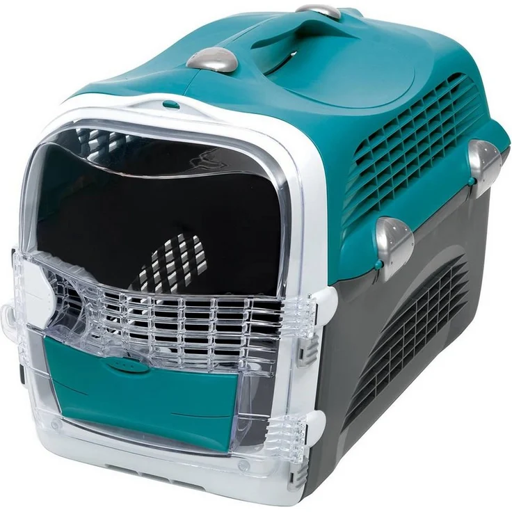 Catit Tiertransportbox Cabrio Transportbox türkis/grau - Vollständige Durchlüftung, Rutschfester Bodenbelag, Integrierter Griff, Türkis/Grau – Bild 1