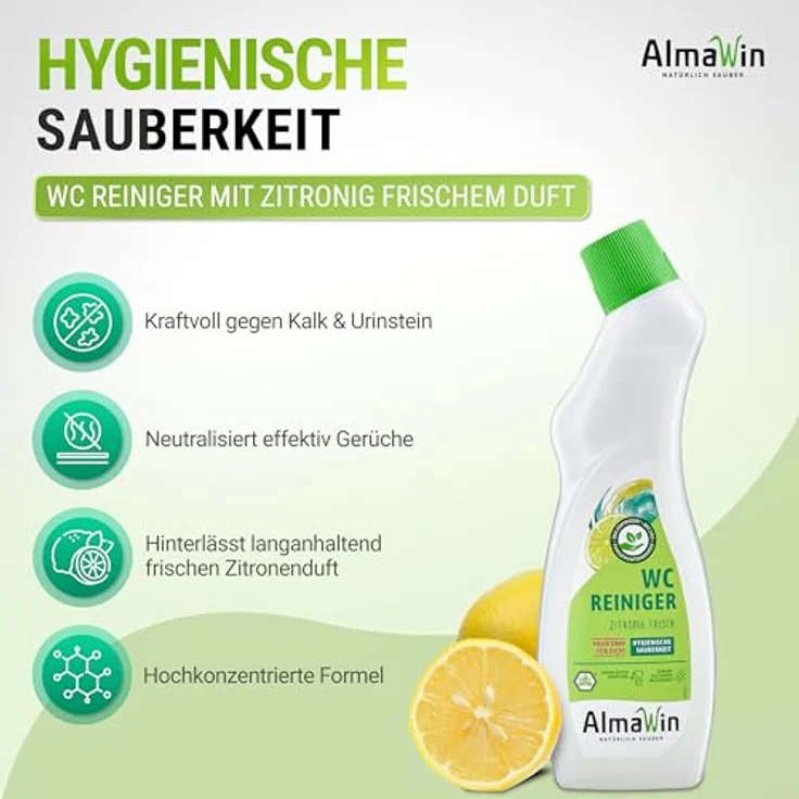 AlmaWin WC Reiniger zitronig, 750 ml, kraftvoll gegen Kalk und Urinstein, umweltfreundlich und hautverträglich, frischer Zitronenduft – Bild 2