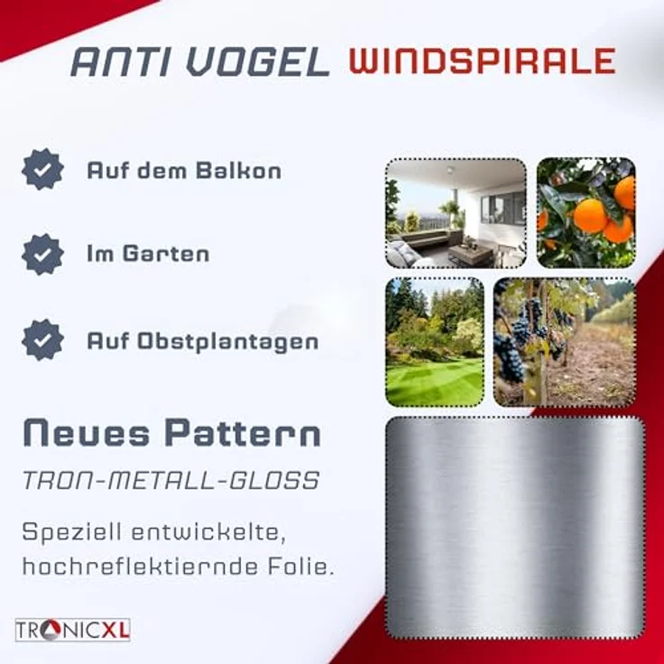 TronicXL 3X Windspirale Vogelabwehr, reflektierend, Vogelschreck für Balkon und Garten, hängend – Bild 4