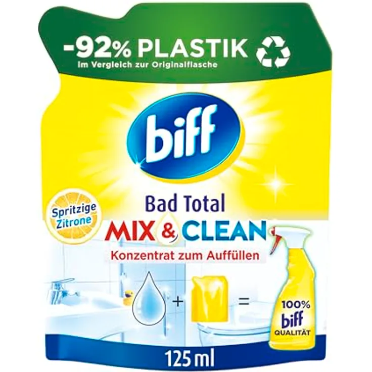biff Bad Total Mix & Clean Konzentrat Zitrus, 125 ml Badreiniger - kraftvoll gegen Kalk & Verschmutzungen, 92% weniger Plastik, recycelbare Verpackung