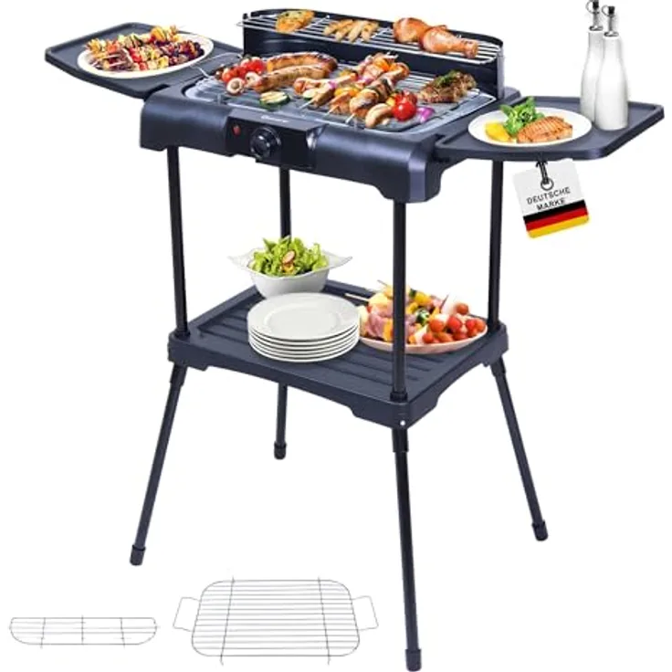 Sommertal BBQ231 Elektrogrill, 2200W 2-in-1 Tisch- und Standgrill mit Windschutz, stufenlosem Temperaturregler und Ablagefläche