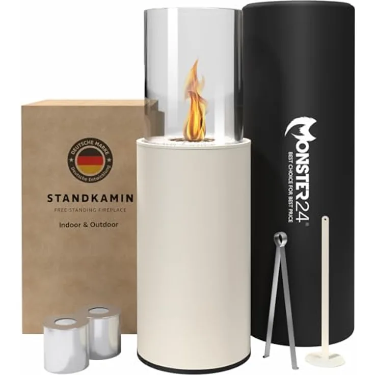 Monster24 Runder freistehender Bio-Ethanol Stand-Kamin 80x26x26 cm schönes Flammenspiel Bioethanolkamin Outdoor Indoor Bodenkamin Standkamin Terrassenkamin Gartenfackel | EN 16647:2015 Zertifiziert, Grau