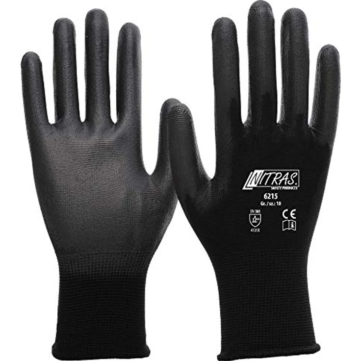 Nitras 6215 Montagehandschuh Nylon mit PU Beschichtung, Größe L (9), Schwarz - EN420 & EN388 zertifiziert – Bild 1