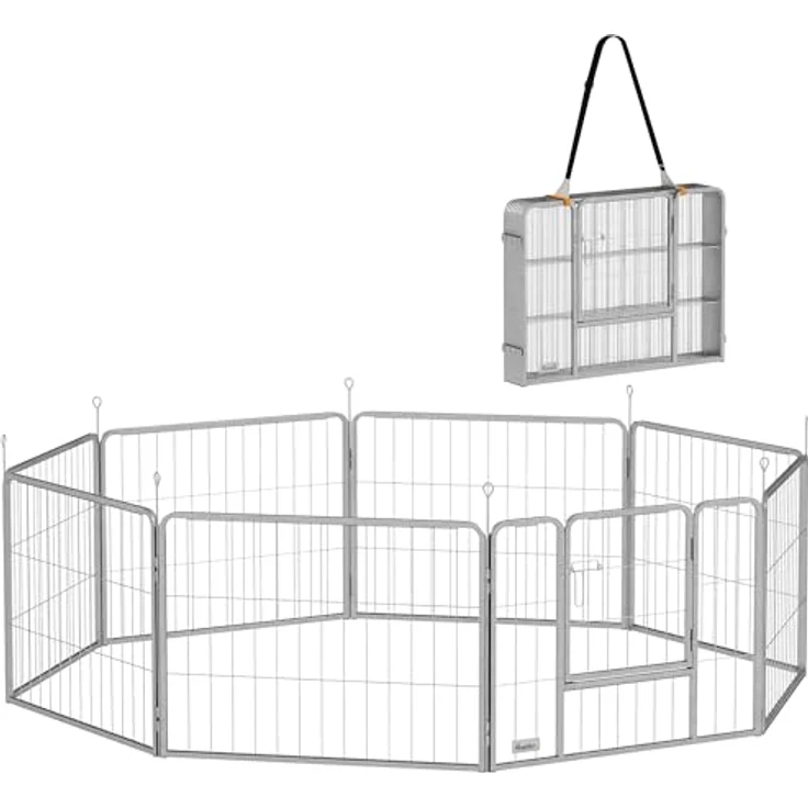 PawHut Welpenlaufstall 8-TLG, flexibles Freilaufgehege mit 8 Gitterplatten, Tür, Erdspießen und Schutzplane, 60 cm hoch, ideal für Hunde, Katzen und Welpen, tragbar für Innen und Außen – Bild 1