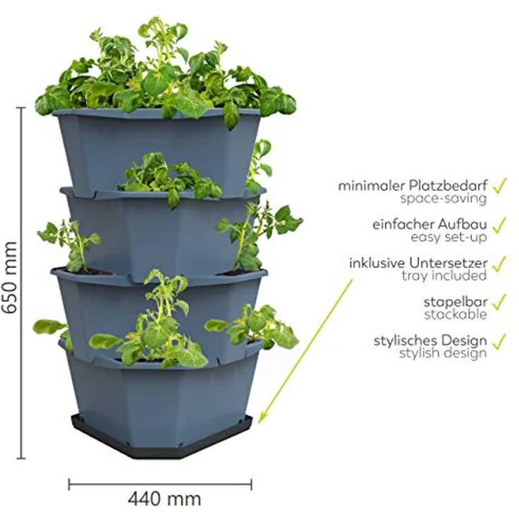 GUSTA GARDEN Paul Potato Starter Kartoffelturm - stapelbar - Hochbeet/Pflanzgefäß/Blumentopf für Balkon, Garten und Terrasse (4 Etagen, Blau) inkl. Untersetzer – Bild 3
