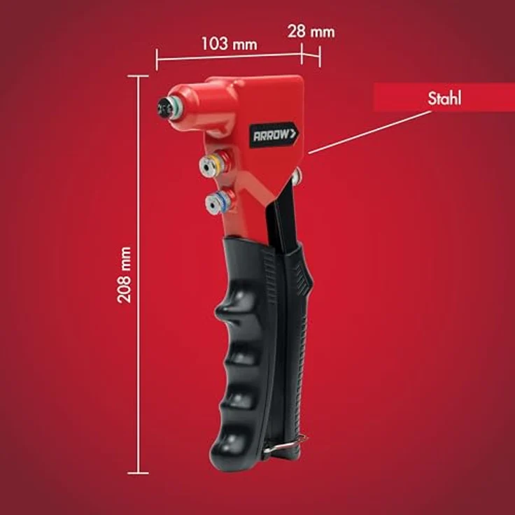 Arrow Blindnietzange RT188, 4-in-1 Popnietenzange mit 4x farbcodierten Mundstücken A2/A3/A4/A5 für Aluminium, ergonomischer Griff für Werkstatt und DIY – Bild 5