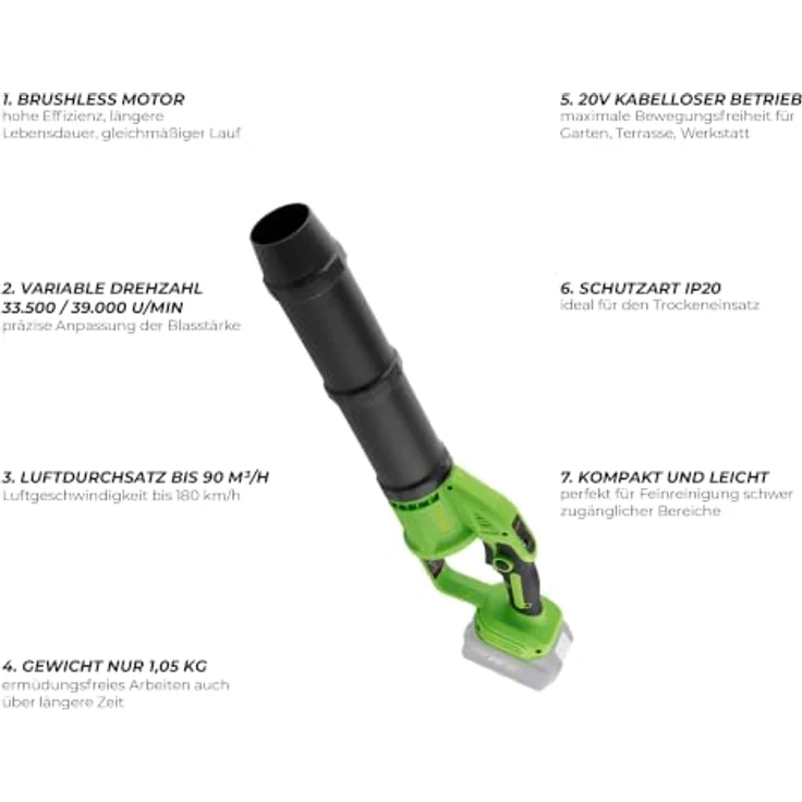 Procraft PB24bb Akku-Laubbläser, 20 V Brushless, kabellos, variabler Drehzahl, leichter 1,05 kg, effiziente Reinigung – Bild 6
