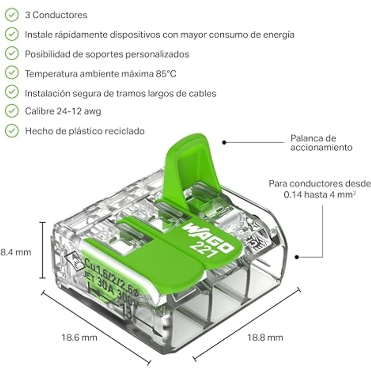 Wago Hebelklemme Green Range 221-423, Verbindungsklemme für 3 Leiter bis 4 mm², transparent, 50 Stück – Bild 4