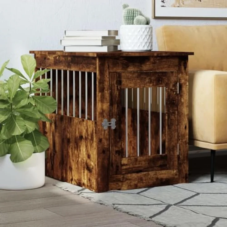 vidaXL Hundekäfig im Möbelstil, Abschließbar Hundebox mit Tür, Hundehütte Beistelltisch mit 2-in-1-Funktion, Hundehaus Haustierkäfig, Räuchereiche 55x75x65 cm Holzwerkstoff – Bild 2