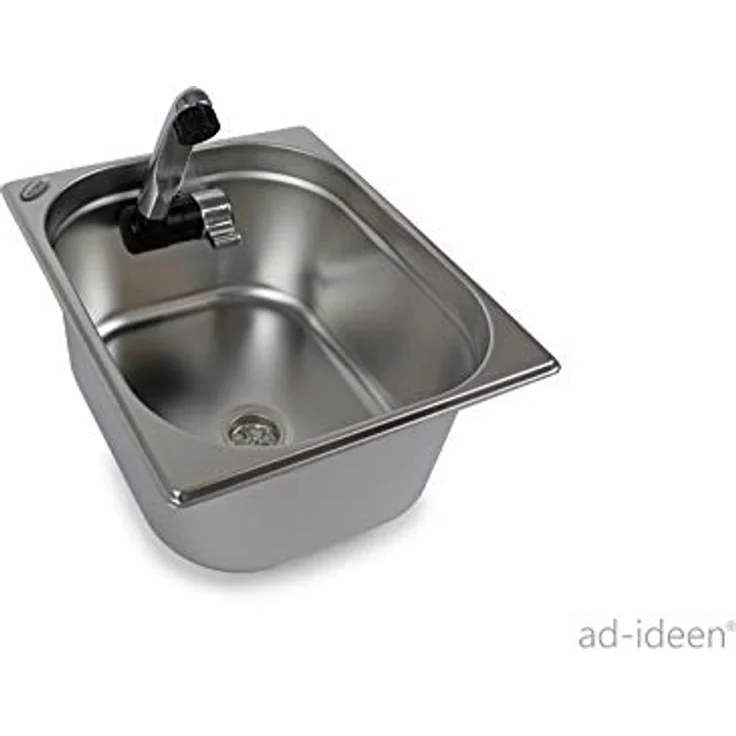 ad-ideen Camping Waschbecken Technikset, Kabelloses Miniküche Bausatz mit 12V Tauchpumpe und Edelstahl-Spüle 325 x 265 x 150 mm – Bild 2