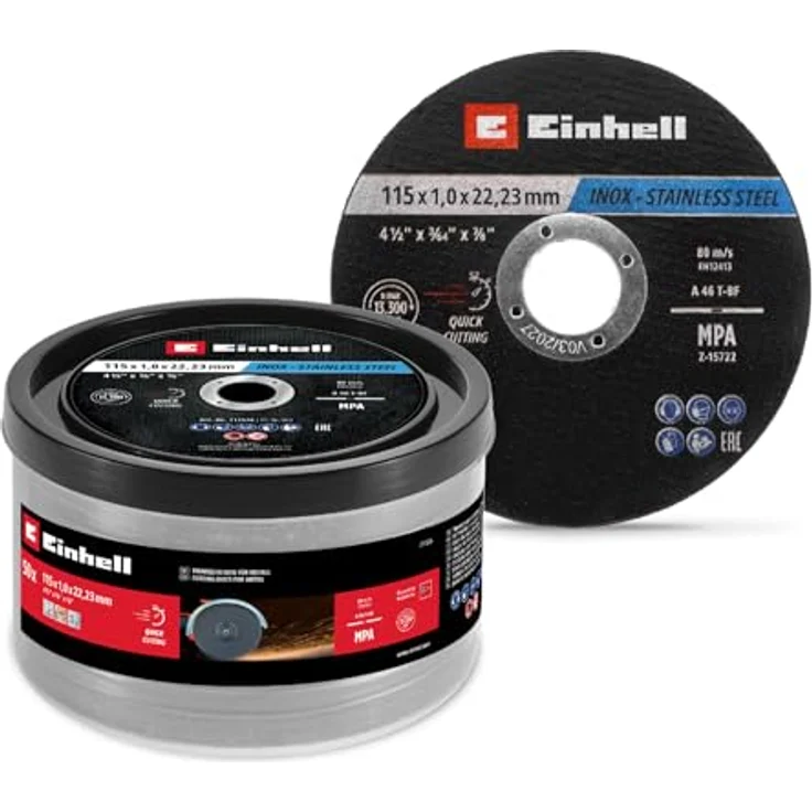 Einhell Trennscheiben Metall, 50-tlg., Ø 115 mm, MPA-zertifiziert, für Edelstahl, Stahl und Blech, leichtes Schneiden, in Dose – Bild 1