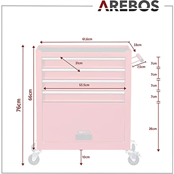 Arebos Werkstattwagen Rollwagen Werkzeugkiste Toolbox, mit Werkzeug, 81-tlg. Werkzeugset, (Komplett-Set) - Robuster Stahl, 4 Schubladen inkl. Werkzeuge, Antirutschmatten, kugelgelagerte Schubladen – Bild 3