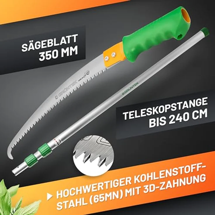 Grüntek Milena, Handsäge mit Teleskopstiel (100-240 cm), dreifach gezahntem Sägeblatt aus Kohlenstoffstahl, Aluminium und ergonomischem Griff, Silber/Gelb/Grün – Bild 2