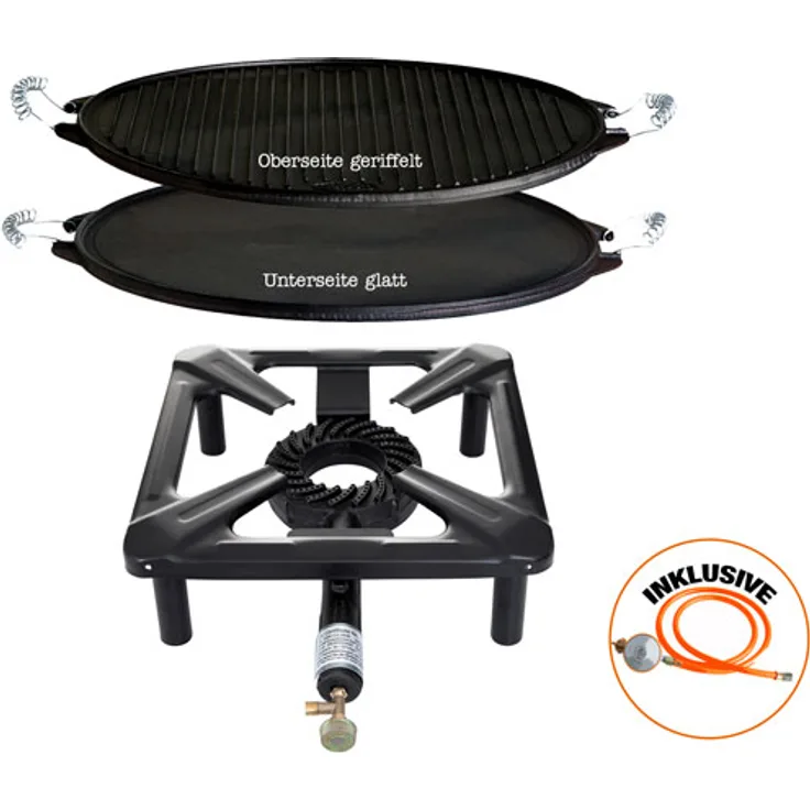 Hockerkocher-Set (klein) mit Gusseisen-Grillplatte Ø 38 cm - inkl. Gasschlauch & Regler