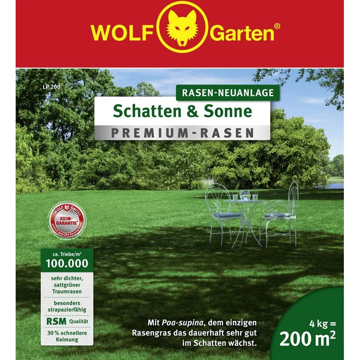WOLF-Garten Premium-Rasen Schatten & Sonne LP 200 4kg 200 m² 100.000 Triebe/m² mit Poa supina Samen – Bild 2
