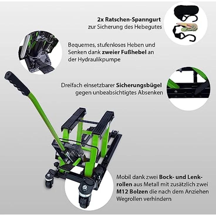 TRUTZHOLM Hydraulikheber Motorradheber 680 kg, stufenlos höhenverstellbar von 120 mm bis 380 mm, mobile Hebebühne mit Ratschen-Spanngurten, vormontiert – Bild 5
