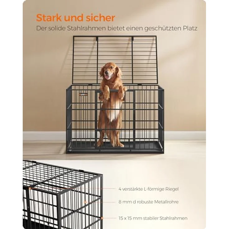 Feandrea Hundekäfig hochbelastbar, Hundebox, 122 x 75 x 80 cm, tintenschwarz, für große Hunde, Doppeltüren, leicht zu reinigen – Bild 3