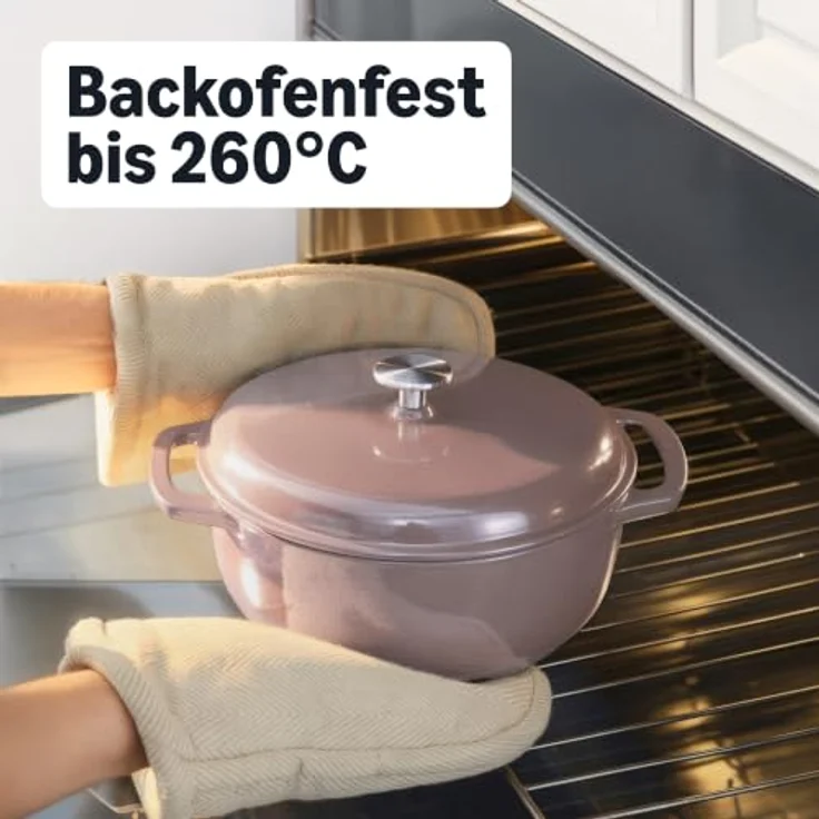 Amazon Basics Schmortopf Rund, Emaillierter Gusseisen Dutch Oven, 4,1 L, Lehmfarben, für alle Herdarten geeignet – Bild 4
