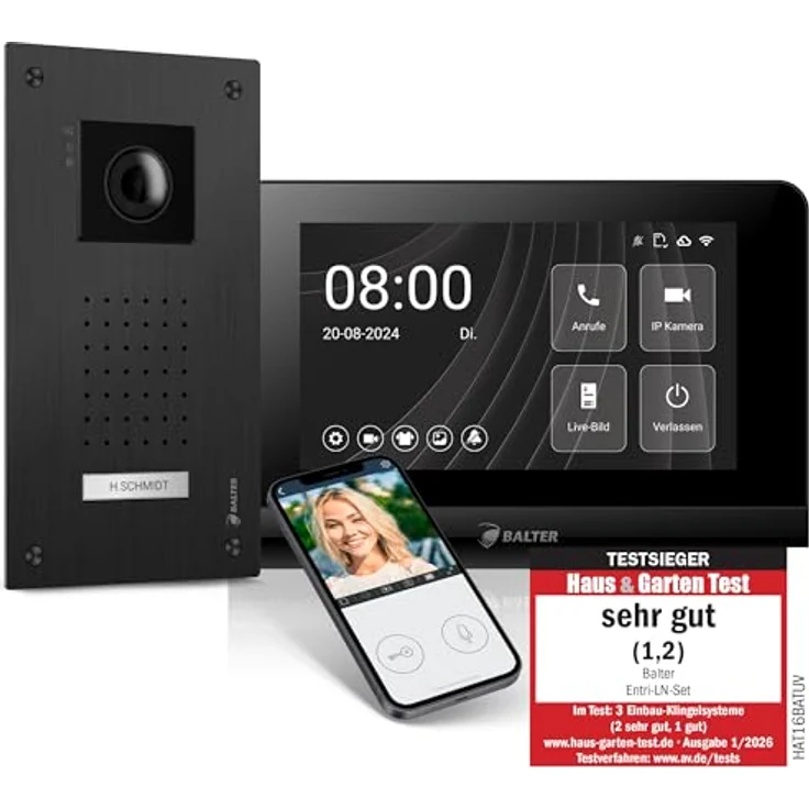 Balter Video-Türsprechanlage ENTRI-L-SET-BLACK-2M, 2-tlg. Komplettset mit 7 Zoll HD Touchscreen, Smartphone App, schwarz – Bild 1