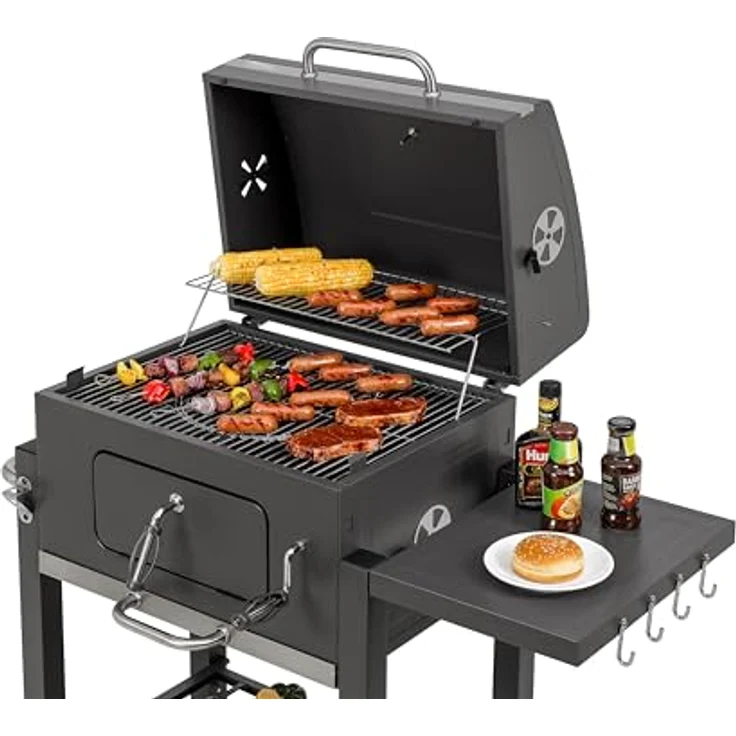 Koll Living Holzkohlegrill Lyv, Grillwagen mit Deckel, Thermometer, höhenverstellbarer Kohlewanne, Seitenablage und Rollen für optimale Hitzesteuerung – Bild 5
